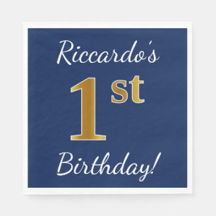 Blue, Faux Gold 1st Birthday + Custom Name Napkin
