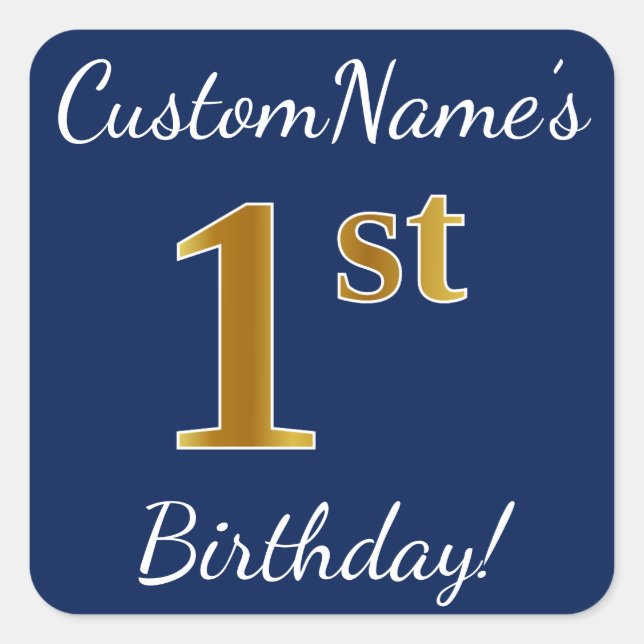 Blue, Faux Gold 1st Birthday + Custom Name Sticker (Front)