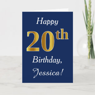 Blue, Faux Gold 20th Birthday + Custom Name Card