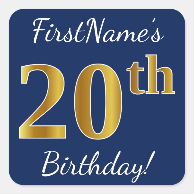Blue, Faux Gold 20th Birthday + Custom Name Square Sticker (Front)
