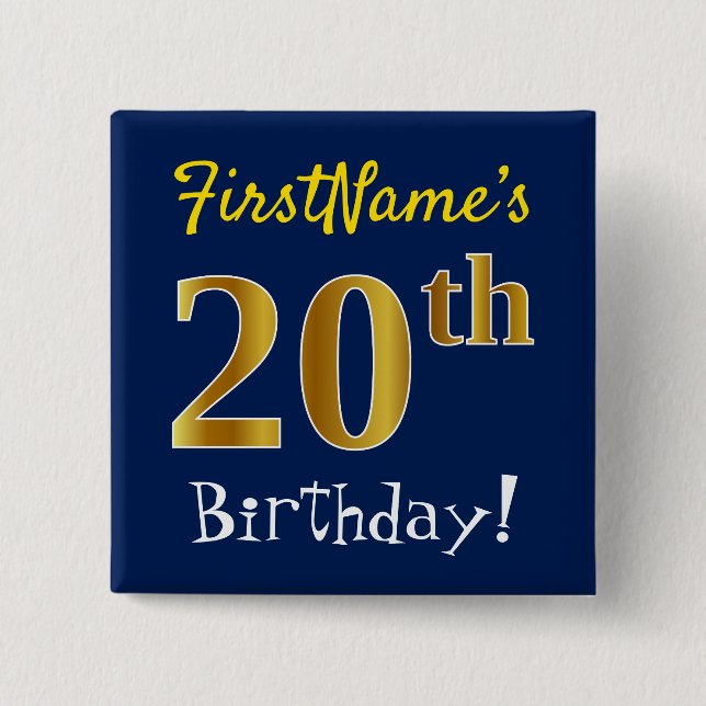 Blue, Faux Gold 20th Birthday, With Custom Name 15 Cm Square Badge (Front)