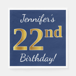 Blue, Faux Gold 22nd Birthday + Custom Name Napkin