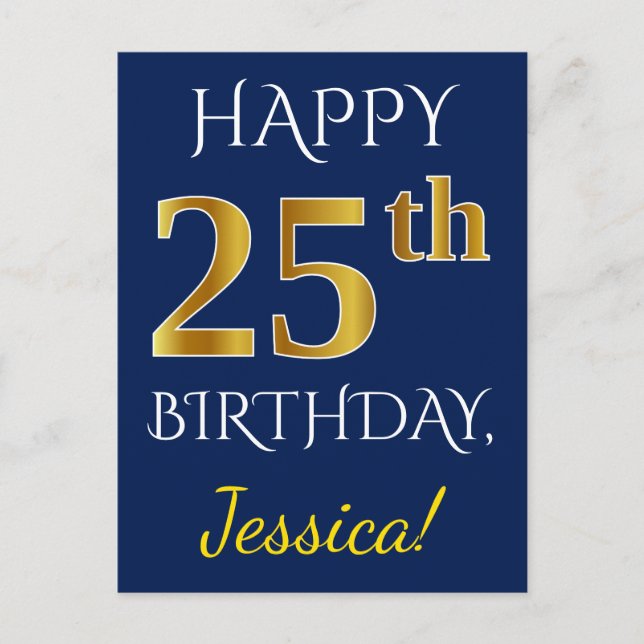 Blue, Faux Gold 25th Birthday + Custom Name Postcard (Front)