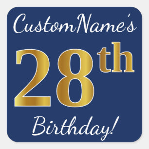 Blue, Faux Gold 28th Birthday + Custom Name Square Sticker