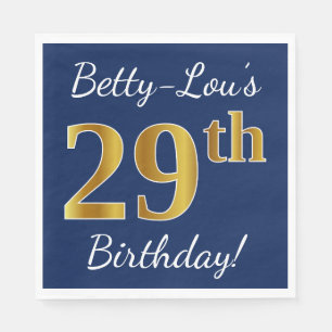 Blue, Faux Gold 29th Birthday + Custom Name Napkin