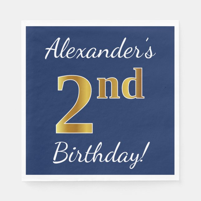Blue, Faux Gold 2nd Birthday + Custom Name Napkin (Front)