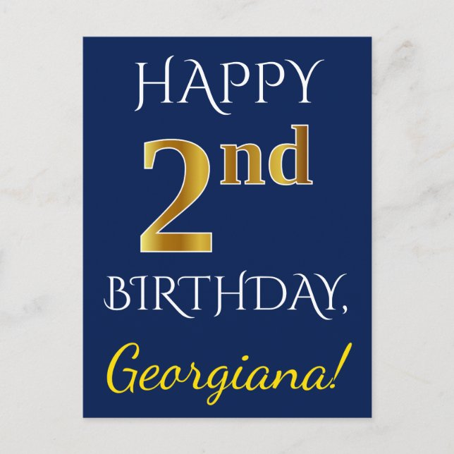 Blue, Faux Gold 2nd Birthday + Custom Name Postcard (Front)