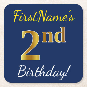 Blue, Faux Gold 2nd Birthday + Custom Name Square Paper Coaster