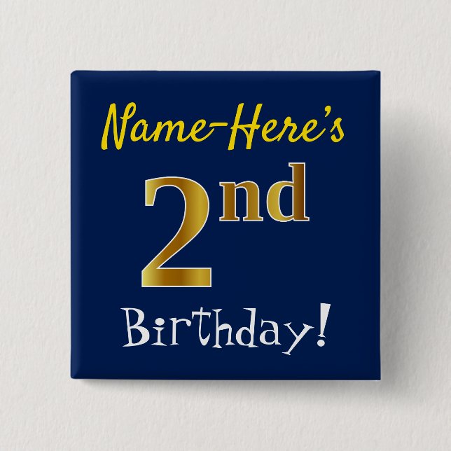 Blue, Faux Gold 2nd Birthday, With Custom Name 15 Cm Square Badge (Front)