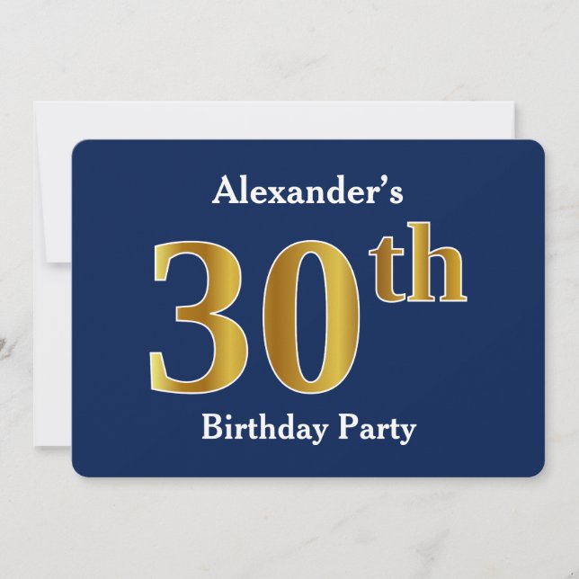 Blue, Faux Gold 30th Birthday Party + Custom Name Invitation (Front)