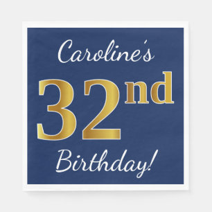 Blue, Faux Gold 32nd Birthday + Custom Name Napkin