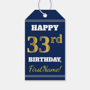 Blue, Faux Gold 33rd Birthday + Custom Name Gift Tags