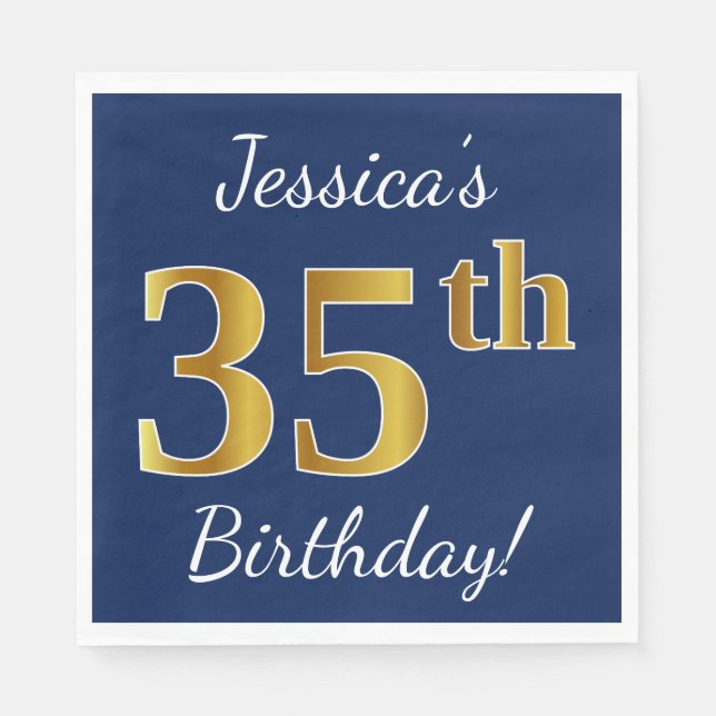 Blue, Faux Gold 35th Birthday + Custom Name Napkin (Front)