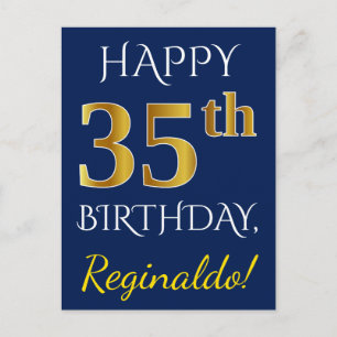 Blue, Faux Gold 35th Birthday + Custom Name Postcard