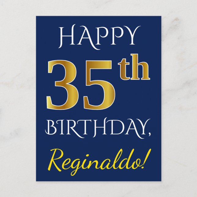 Blue, Faux Gold 35th Birthday + Custom Name Postcard (Front)