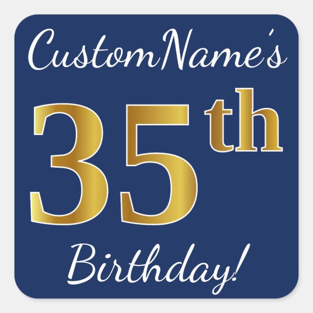 Blue, Faux Gold 35th Birthday + Custom Name Square Sticker (Front)