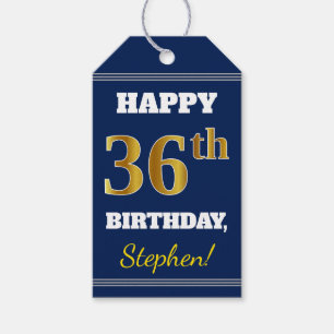 Blue, Faux Gold 36th Birthday + Custom Name Gift Tags