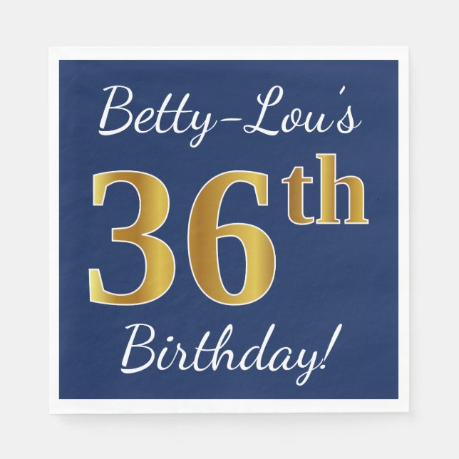 Blue, Faux Gold 36th Birthday + Custom Name Napkin (Front)