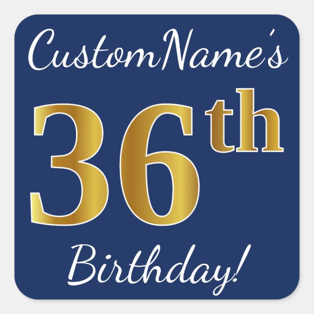 Blue, Faux Gold 36th Birthday + Custom Name Square Sticker (Front)