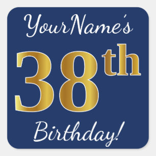 Blue, Faux Gold 38th Birthday + Custom Name Square Sticker