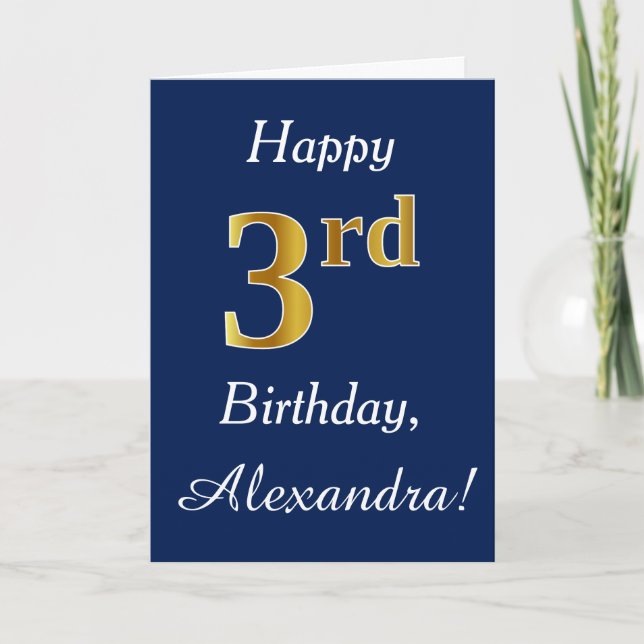 Blue, Faux Gold 3rd Birthday + Custom Name Card (Front)