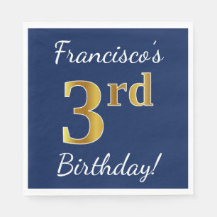 Blue, Faux Gold 3rd Birthday + Custom Name Napkin