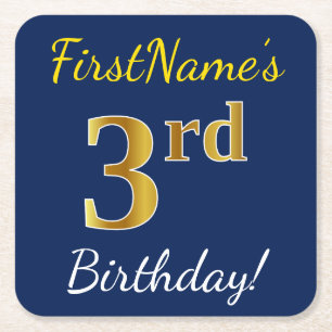 Blue, Faux Gold 3rd Birthday + Custom Name Square Paper Coaster