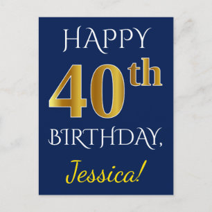 Blue, Faux Gold 40th Birthday + Custom Name Postcard