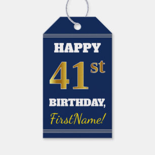 Blue, Faux Gold 41st Birthday + Custom Name Gift Tags