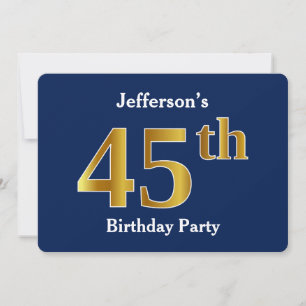 Blue, Faux Gold 45th Birthday Party + Custom Name Invitation