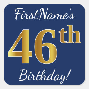 Blue, Faux Gold 46th Birthday + Custom Name Square Sticker