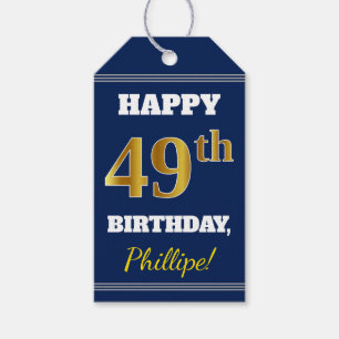 Blue, Faux Gold 49th Birthday + Custom Name Gift Tags