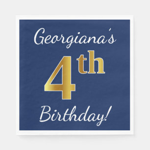 Blue, Faux Gold 4th Birthday + Custom Name Napkin