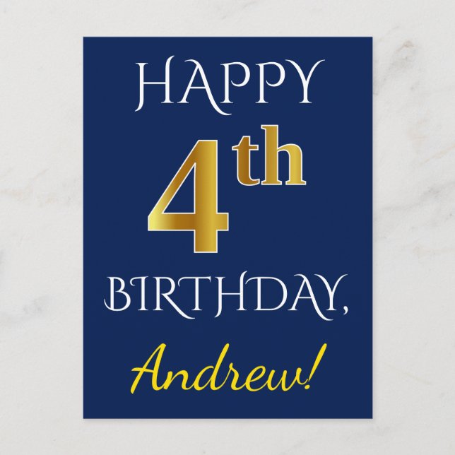 Blue, Faux Gold 4th Birthday + Custom Name Postcard (Front)