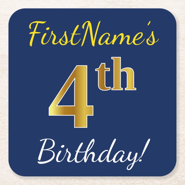 Blue, Faux Gold 4th Birthday + Custom Name Square Paper Coaster (Front)