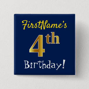 Blue, Faux Gold 4th Birthday, With Custom Name 15 Cm Square Badge