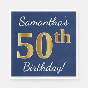 Blue, Faux Gold 50th Birthday + Custom Name Napkin