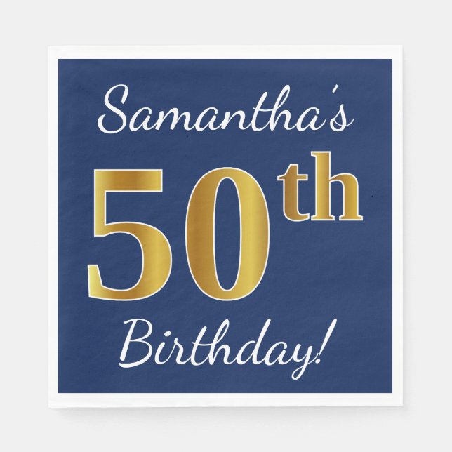 Blue, Faux Gold 50th Birthday + Custom Name Napkin (Front)