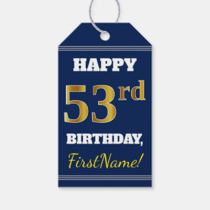Blue, Faux Gold 53rd Birthday + Custom Name Gift Tags