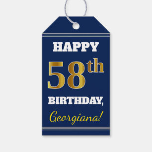Blue, Faux Gold 58th Birthday + Custom Name Gift Tags