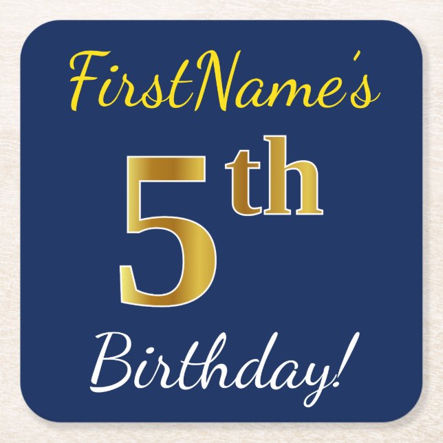 Blue, Faux Gold 5th Birthday + Custom Name Square Paper Coaster (Front)