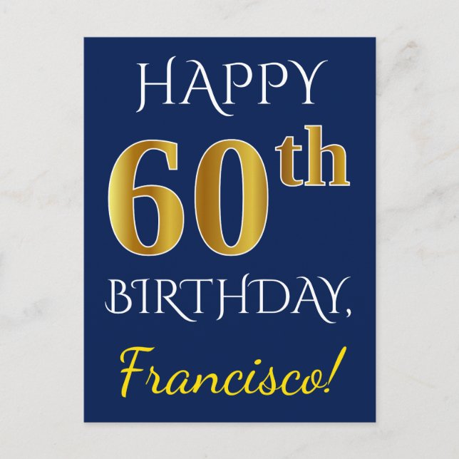 Blue, Faux Gold 60th Birthday + Custom Name Postcard (Front)