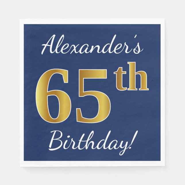 Blue, Faux Gold 65th Birthday + Custom Name Napkin (Front)
