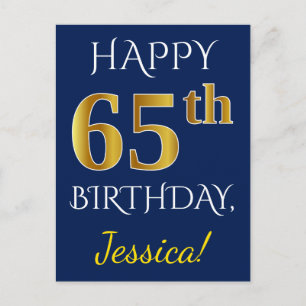 Blue, Faux Gold 65th Birthday + Custom Name Postcard