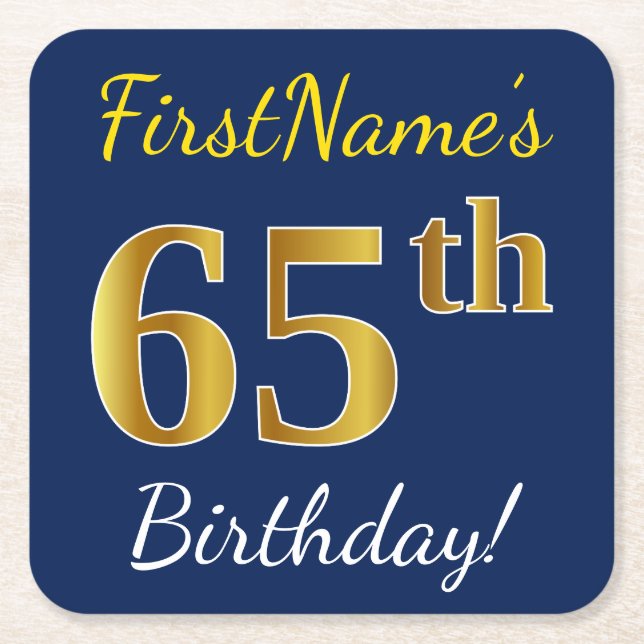 Blue, Faux Gold 65th Birthday + Custom Name Square Paper Coaster (Front)