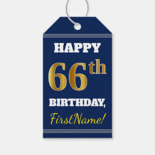 Blue, Faux Gold 66th Birthday + Custom Name Gift Tags