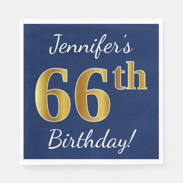 Blue, Faux Gold 66th Birthday + Custom Name Napkin (Front)