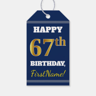 Blue, Faux Gold 67th Birthday + Custom Name Gift Tags