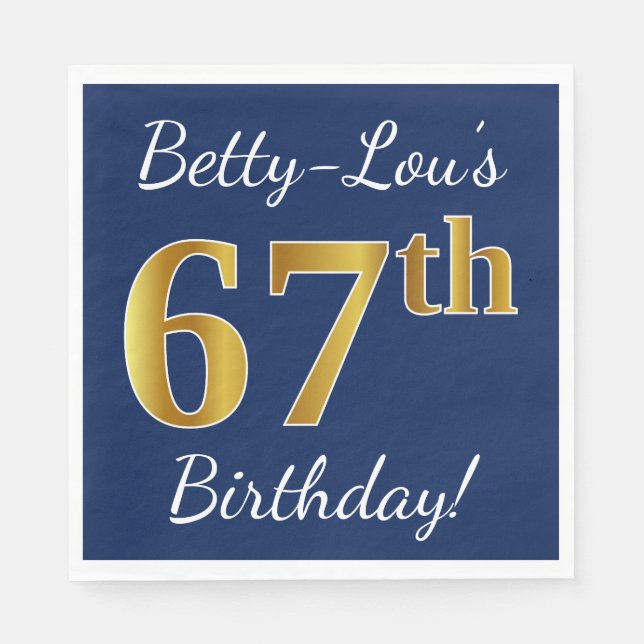 Blue, Faux Gold 67th Birthday + Custom Name Napkin (Front)