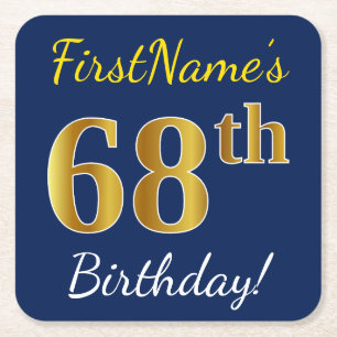 Blue, Faux Gold 68th Birthday + Custom Name Square Paper Coaster